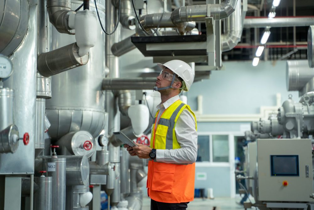 An engineer examining equipment in a manufacturing facility. 