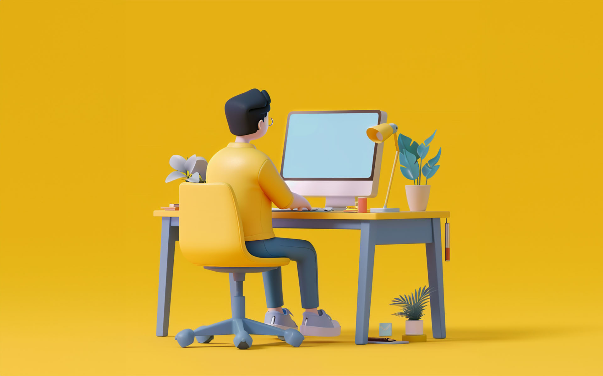 3d animation of a user at a computer